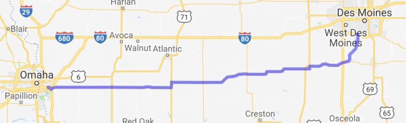 Des Moines To Council Bluffs - Via Highway IA-92 |  United States
